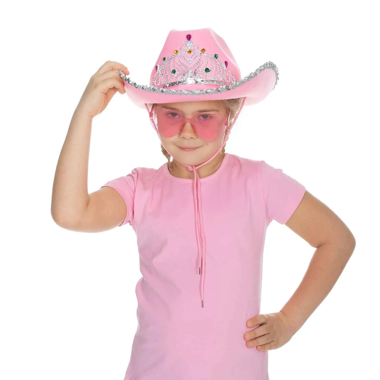 Pink Cowgirl Hat with Heart Glasses - Pink Cowboy Hat with Tiara Crown - FUNCREDIBLE