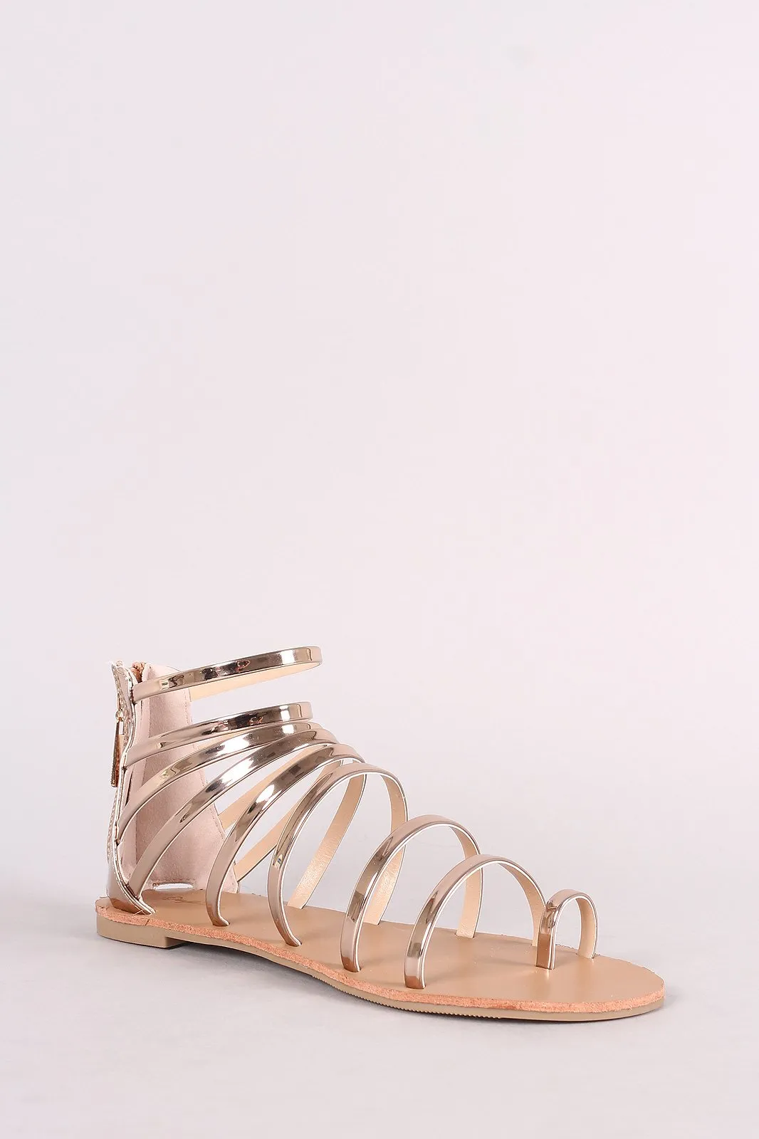 Qupid Mirror Metallic Toe Ring Strappy Gladiator Flat Sandal