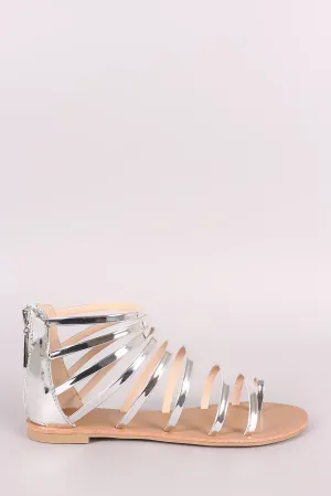 Qupid Mirror Metallic Toe Ring Strappy Gladiator Flat Sandal