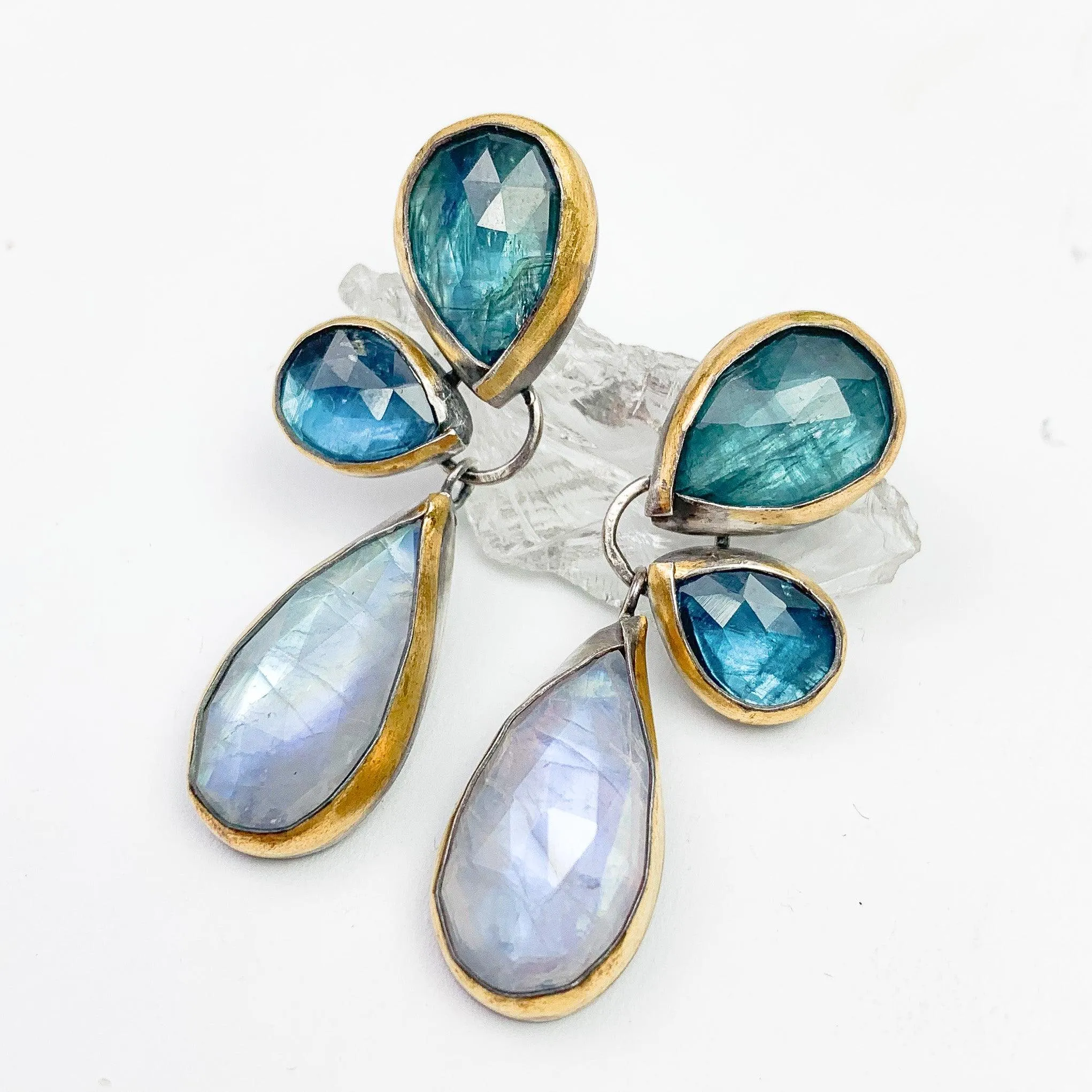 Rainbow Moonstone and Teal Kyanite Stud Earrings: Nature's Elegance