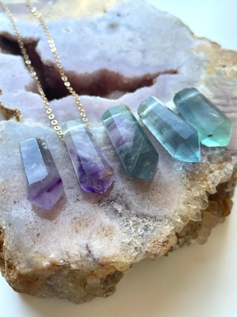 Raw Fluorite Crystal Point Necklace - Healing Gemstone Pendant Jewelry - Silver or Gold Filled