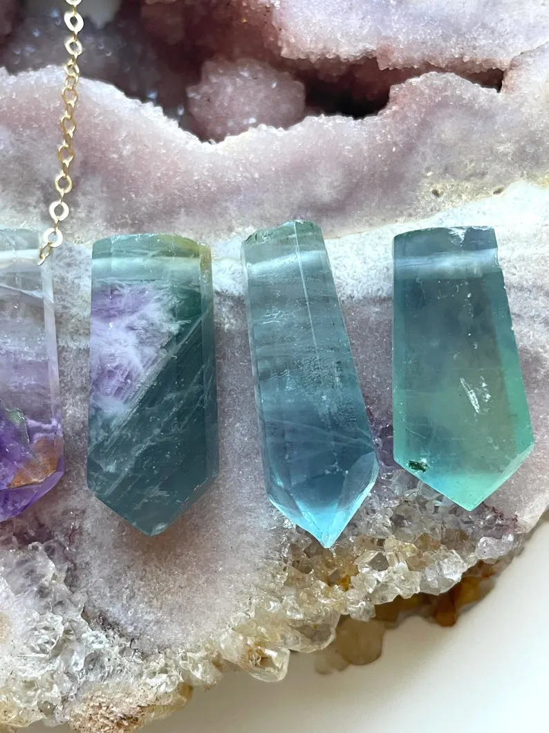 Raw Fluorite Crystal Point Necklace - Healing Gemstone Pendant Jewelry - Silver or Gold Filled