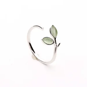 Resizeable Open Ring, Green Opal leaf, 925 Sterling Silver