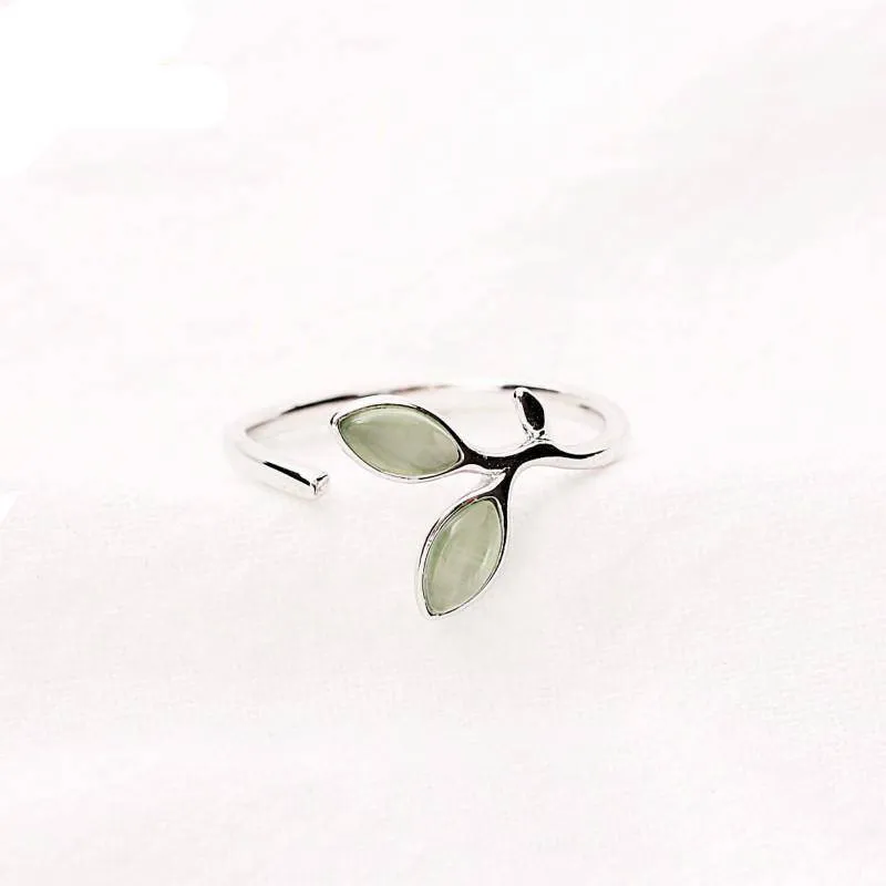 Resizeable Open Ring, Green Opal leaf, 925 Sterling Silver