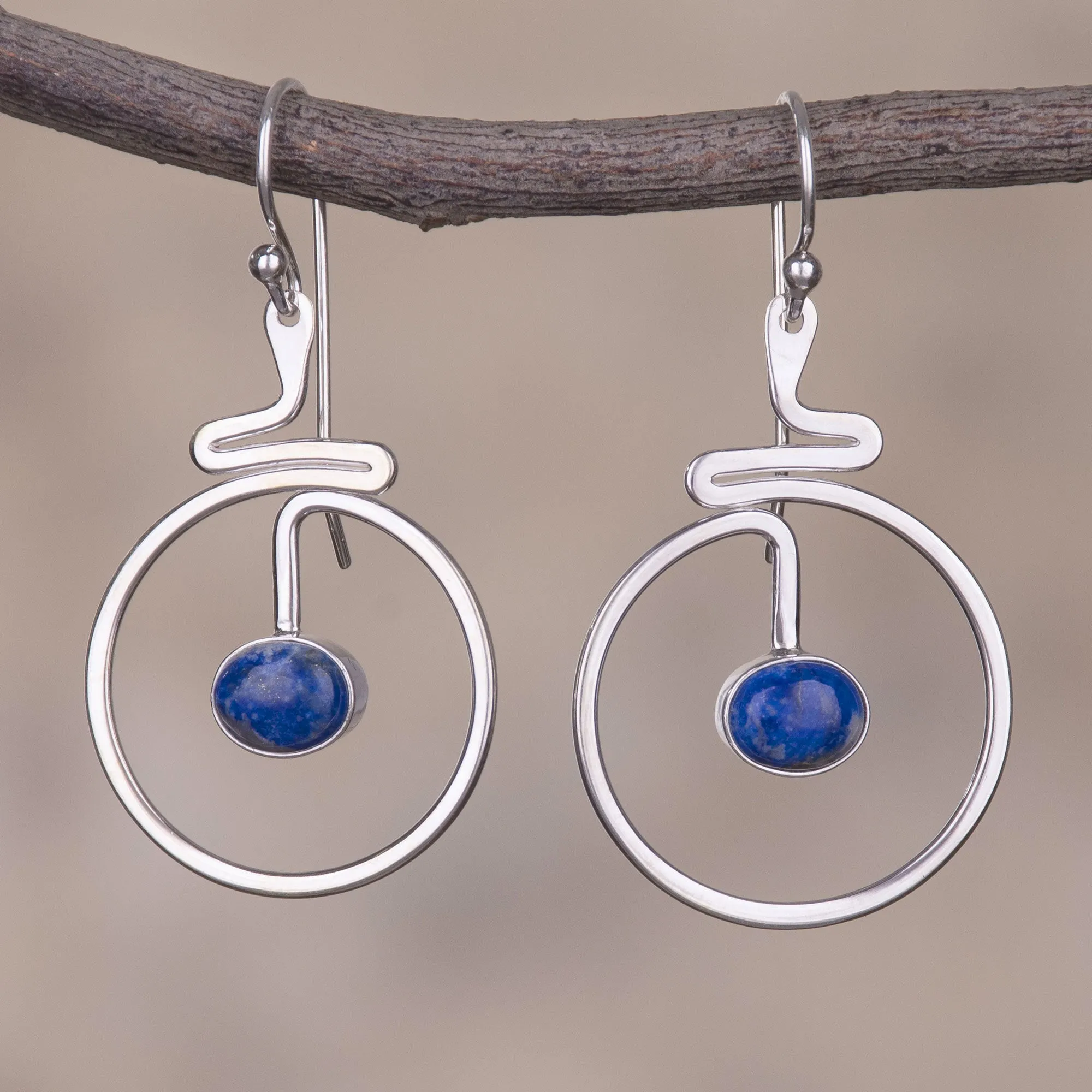 Round Lapis Lazuli Dangle Earrings from Peru - Swirling Moons | NOVICA