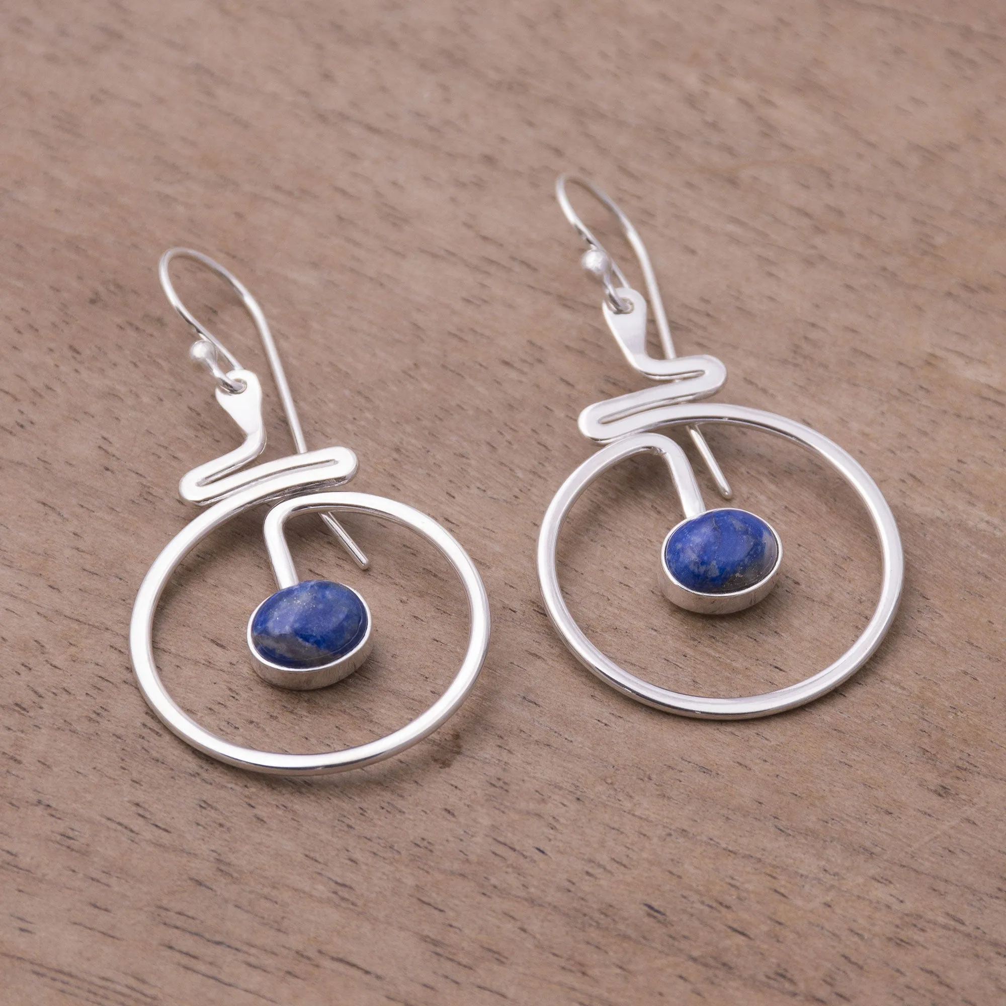 Round Lapis Lazuli Dangle Earrings from Peru - Swirling Moons | NOVICA