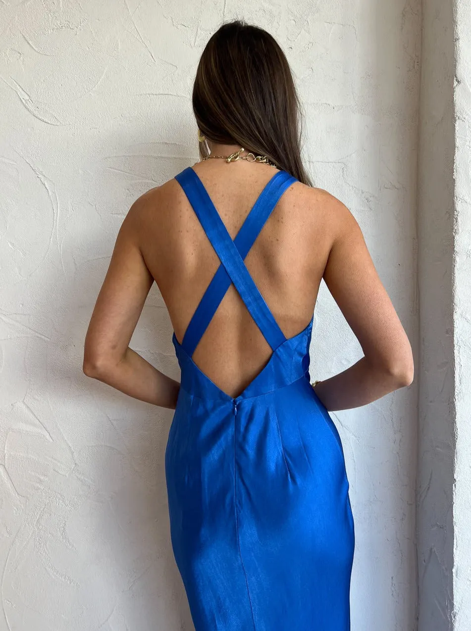 Shona Joy Oliviera Plunge Cross Back Midi Dress in Strong Blue