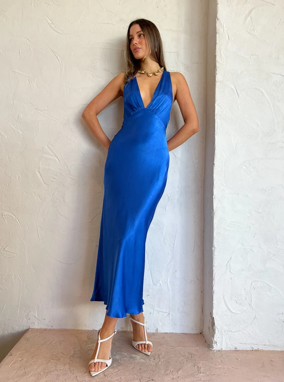 Shona Joy Oliviera Plunge Cross Back Midi Dress in Strong Blue