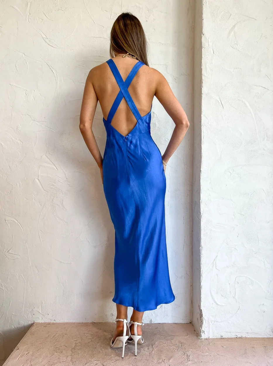 Shona Joy Oliviera Plunge Cross Back Midi Dress in Strong Blue