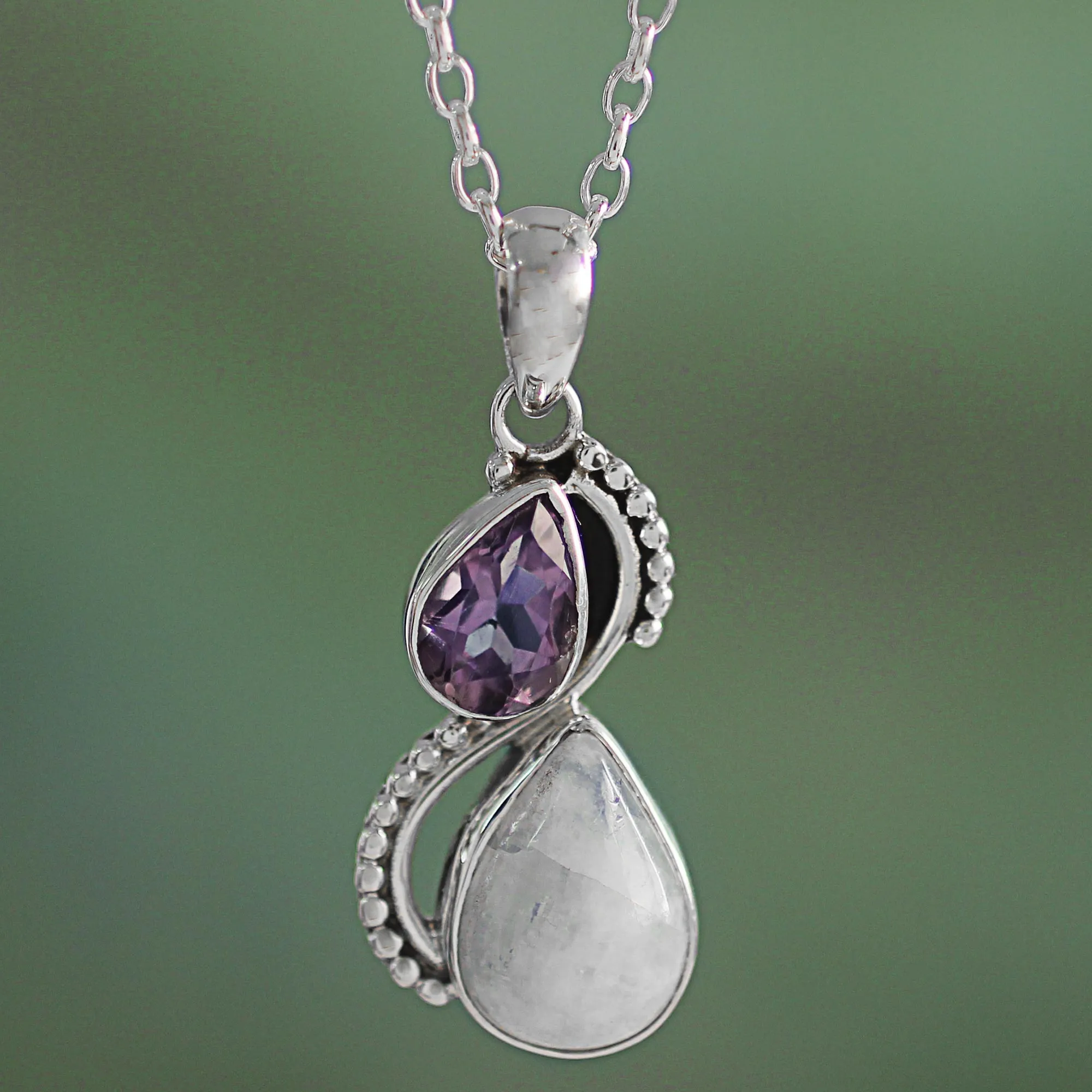 Silver and Rainbow Moonstone Necklace with Faceted Amethyst - Two Teardrops | NOVICA