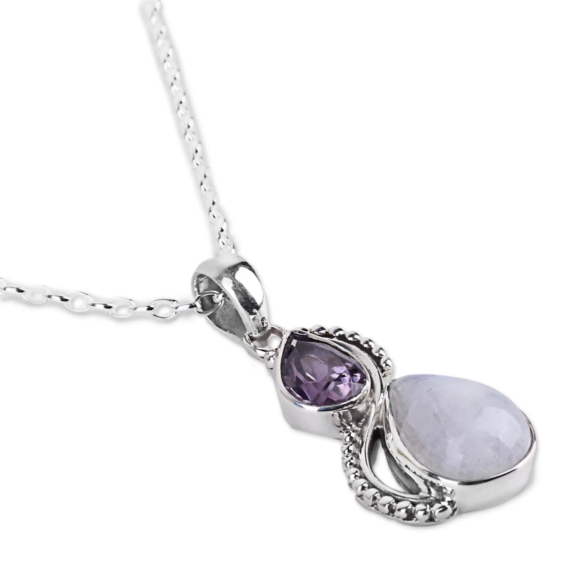 Silver and Rainbow Moonstone Necklace with Faceted Amethyst - Two Teardrops | NOVICA