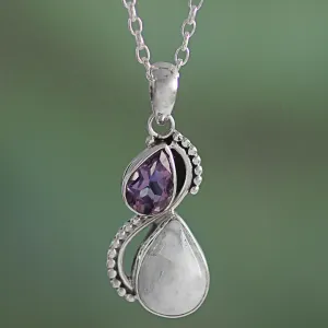 Silver and Rainbow Moonstone Necklace with Faceted Amethyst - Two Teardrops | NOVICA