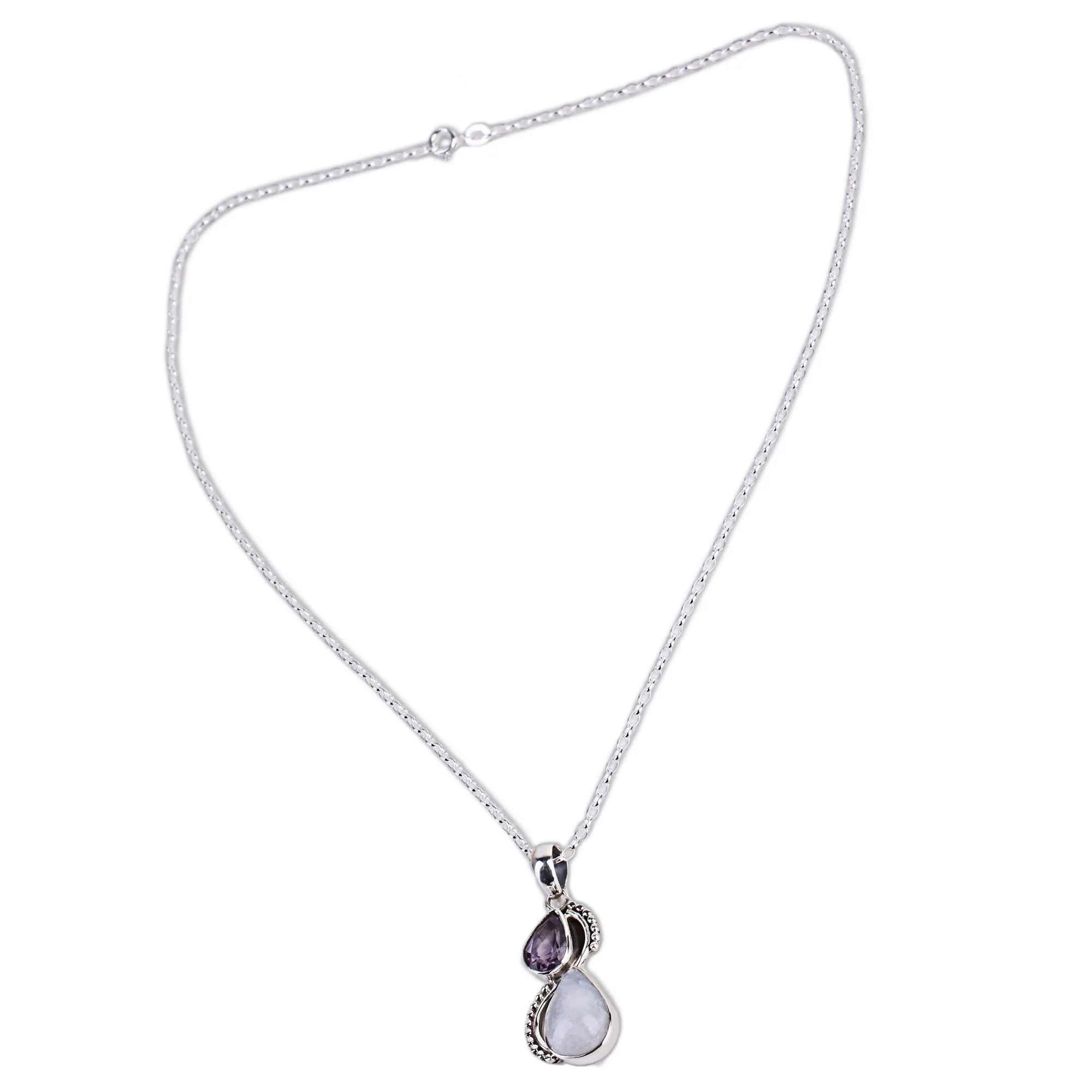 Silver and Rainbow Moonstone Necklace with Faceted Amethyst - Two Teardrops | NOVICA