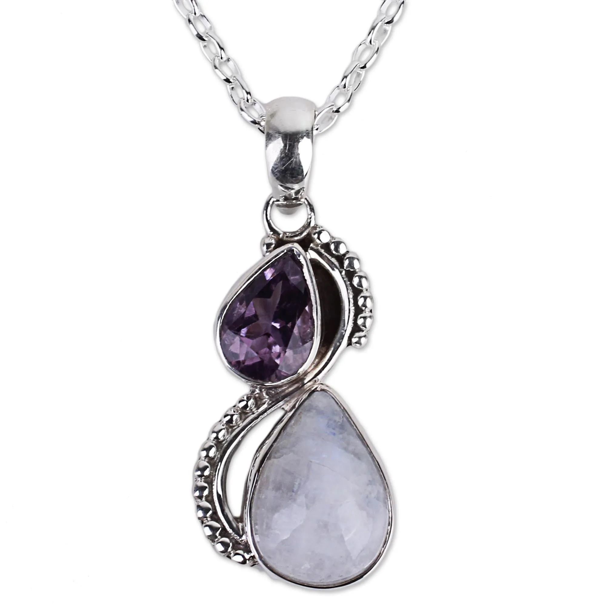 Silver and Rainbow Moonstone Necklace with Faceted Amethyst - Two Teardrops | NOVICA