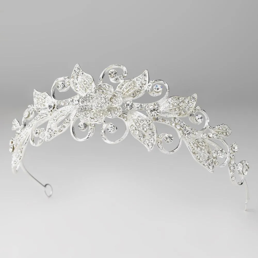 Silver Crystal Floral Swirl Leaf Tiara Headpiece