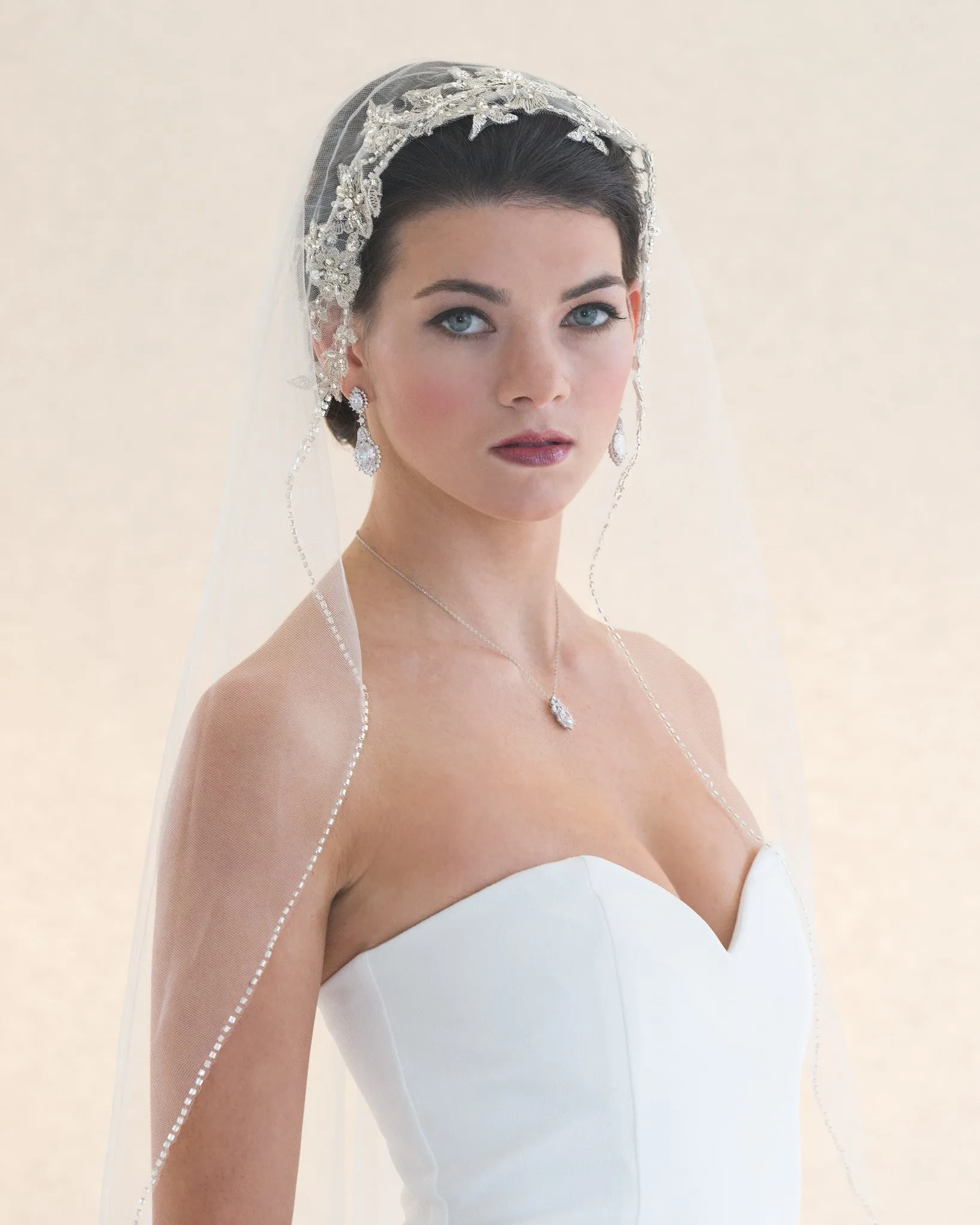 Silver Lace and Beaded Fingertip Veil