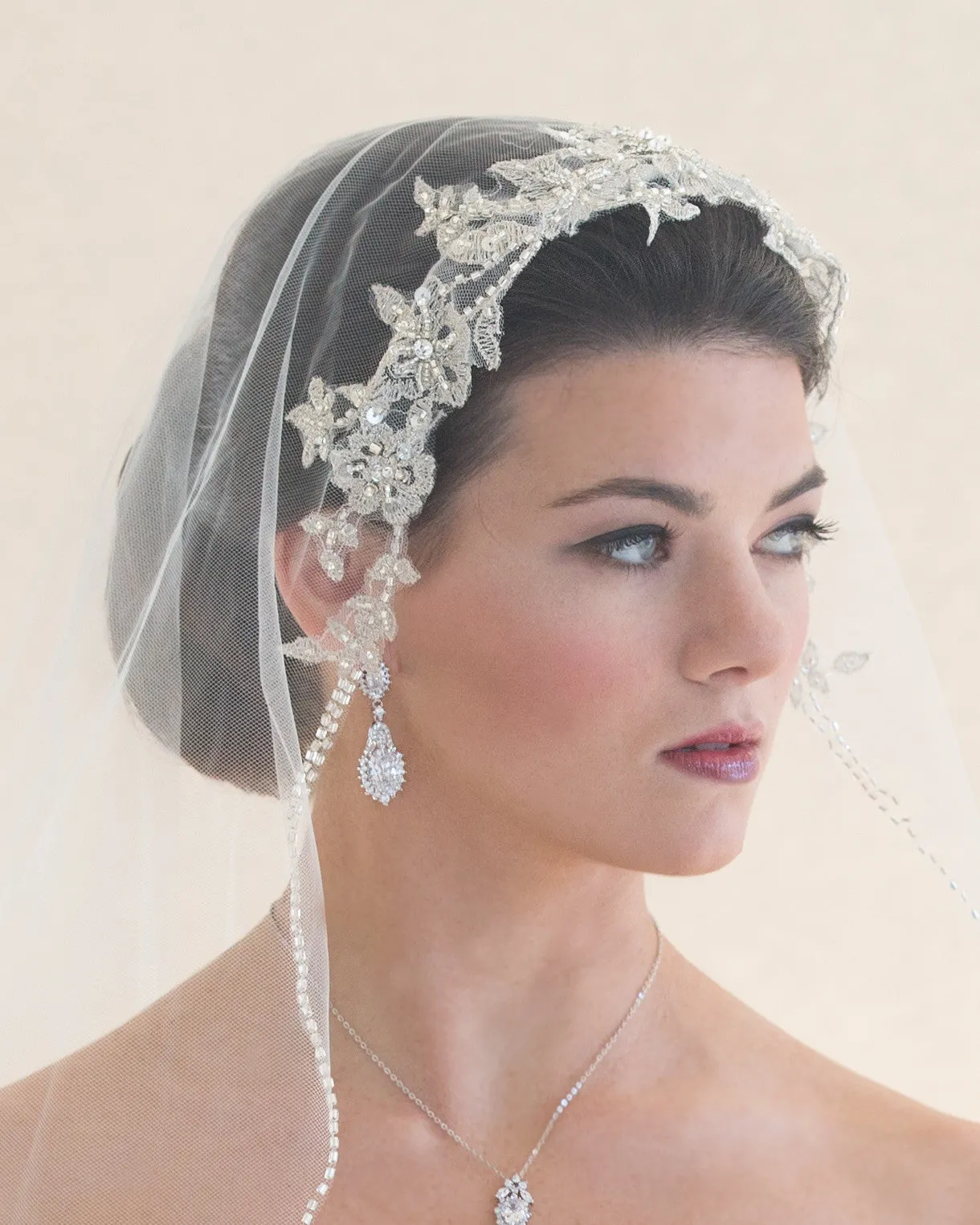 Silver Lace and Beaded Fingertip Veil