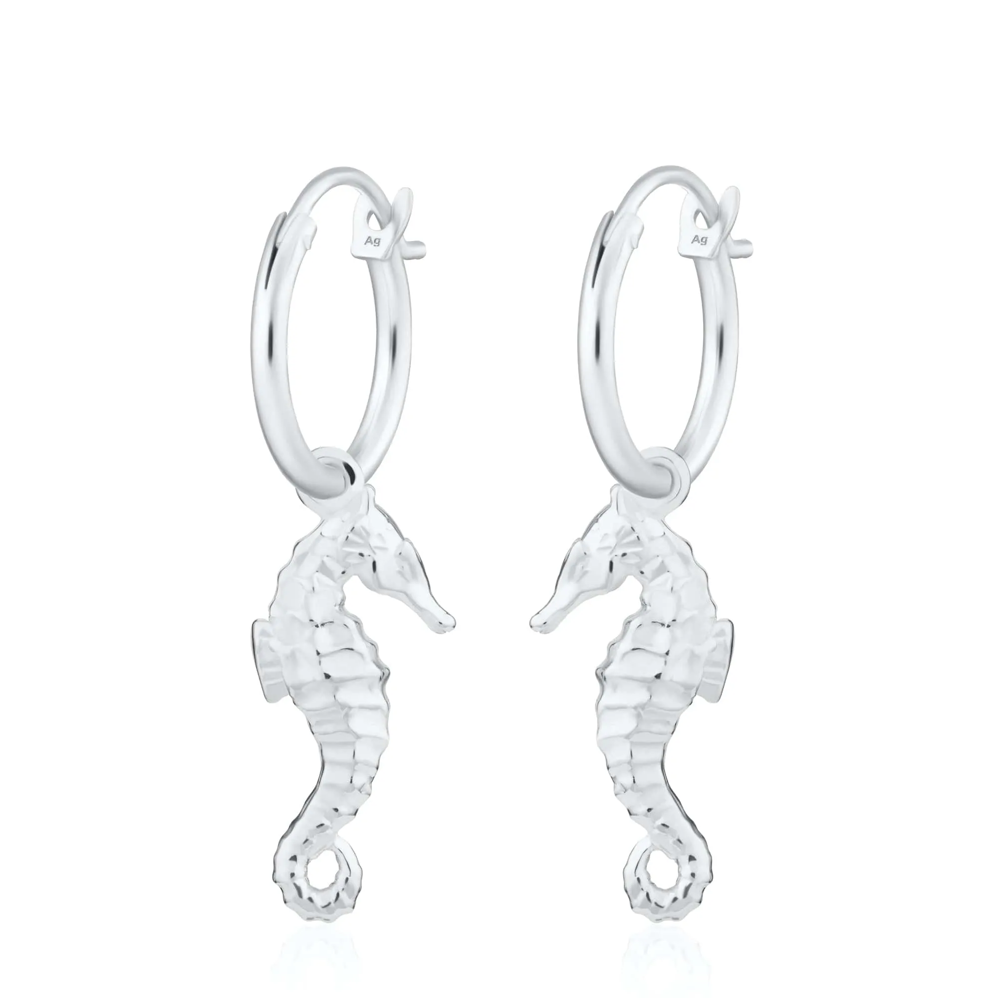 Silver Seahorse Charm Hoop Earrings