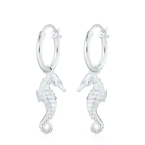 Silver Seahorse Charm Hoop Earrings