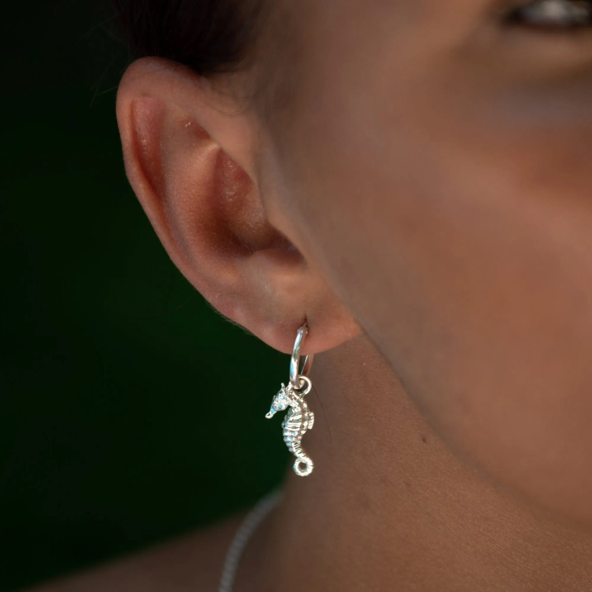 Silver Seahorse Charm Hoop Earrings