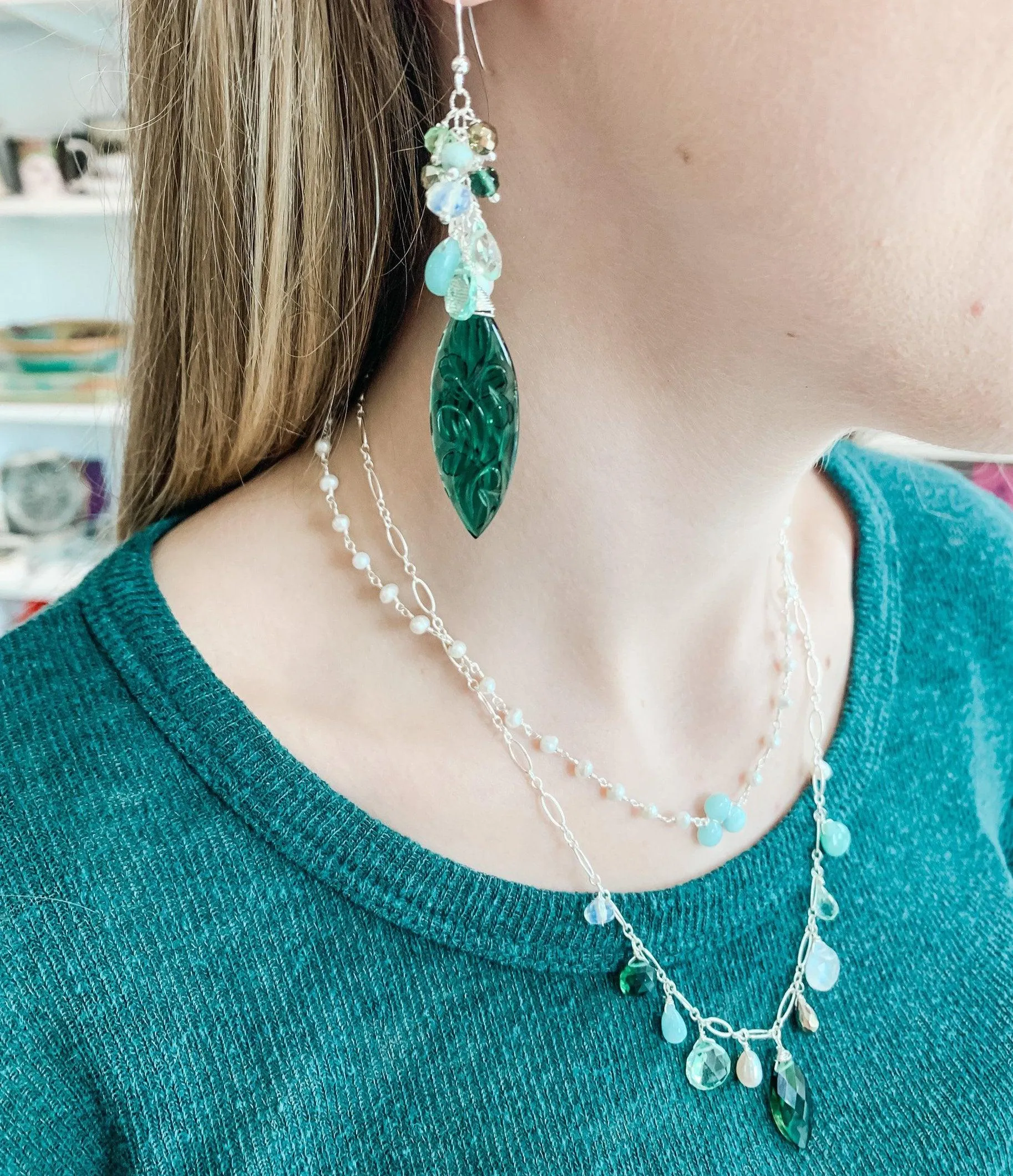 Siren Carved Emerald Quartz Earrings