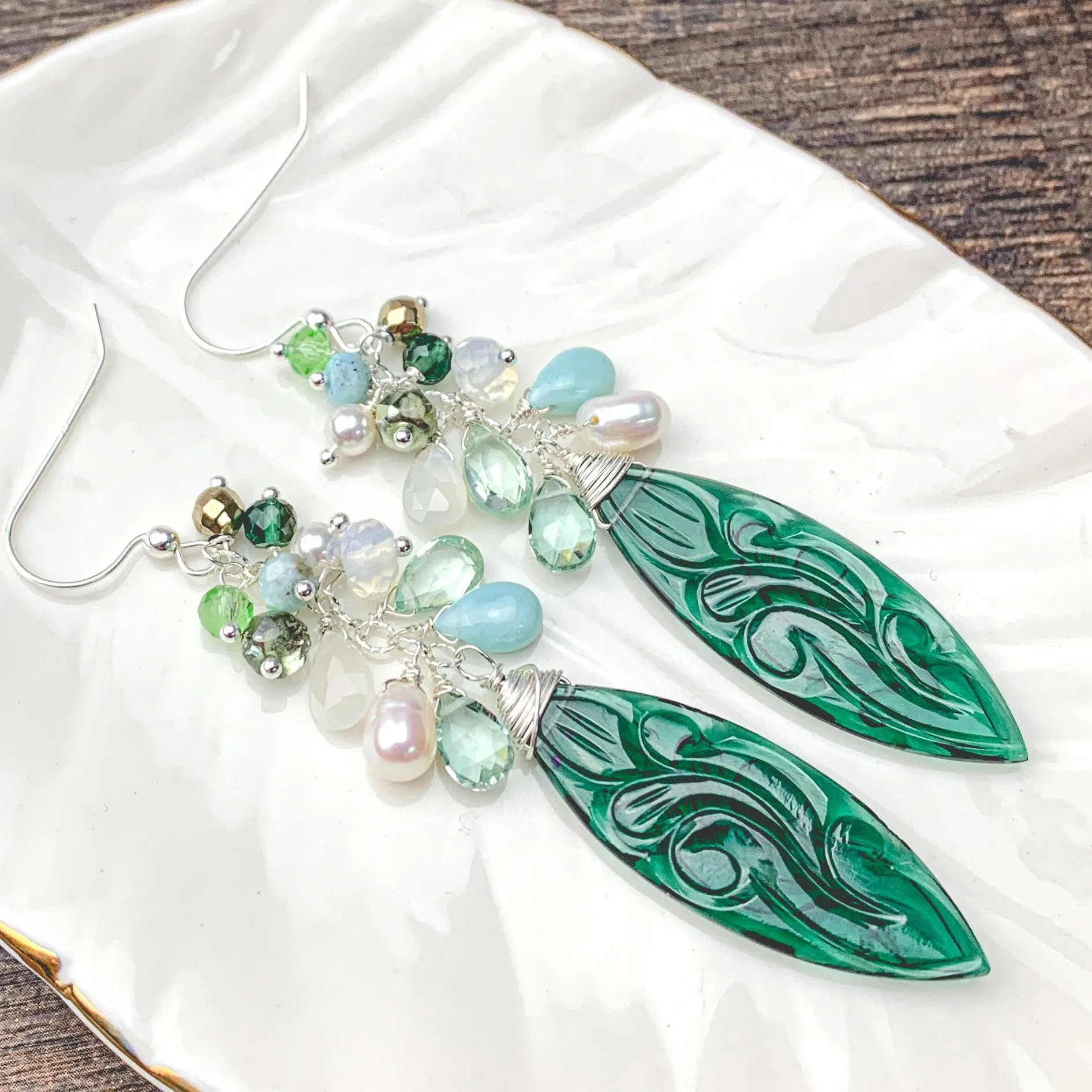 Siren Carved Emerald Quartz Earrings