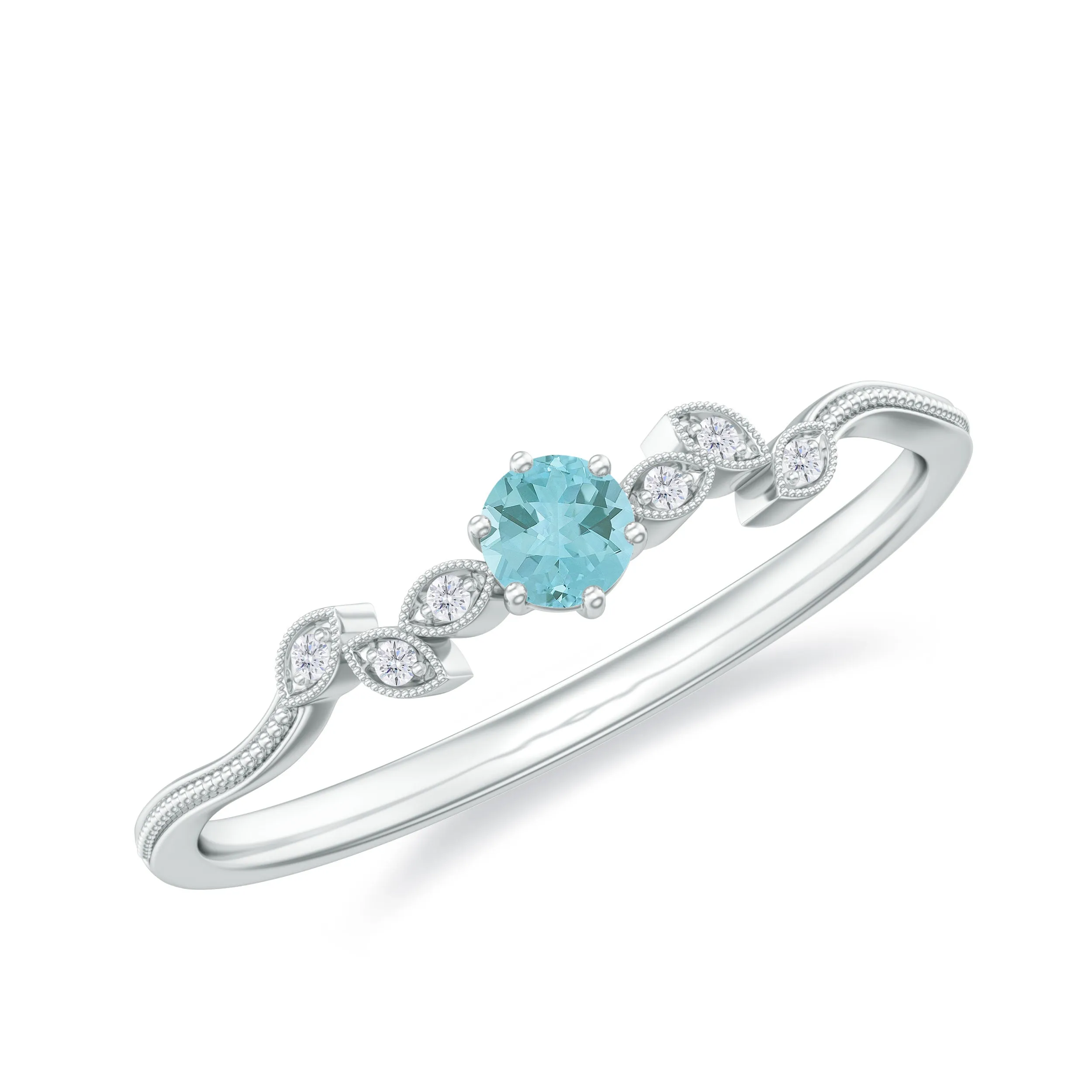 Sky Blue Topaz and Diamond Leaf Promise Ring with Milgrain