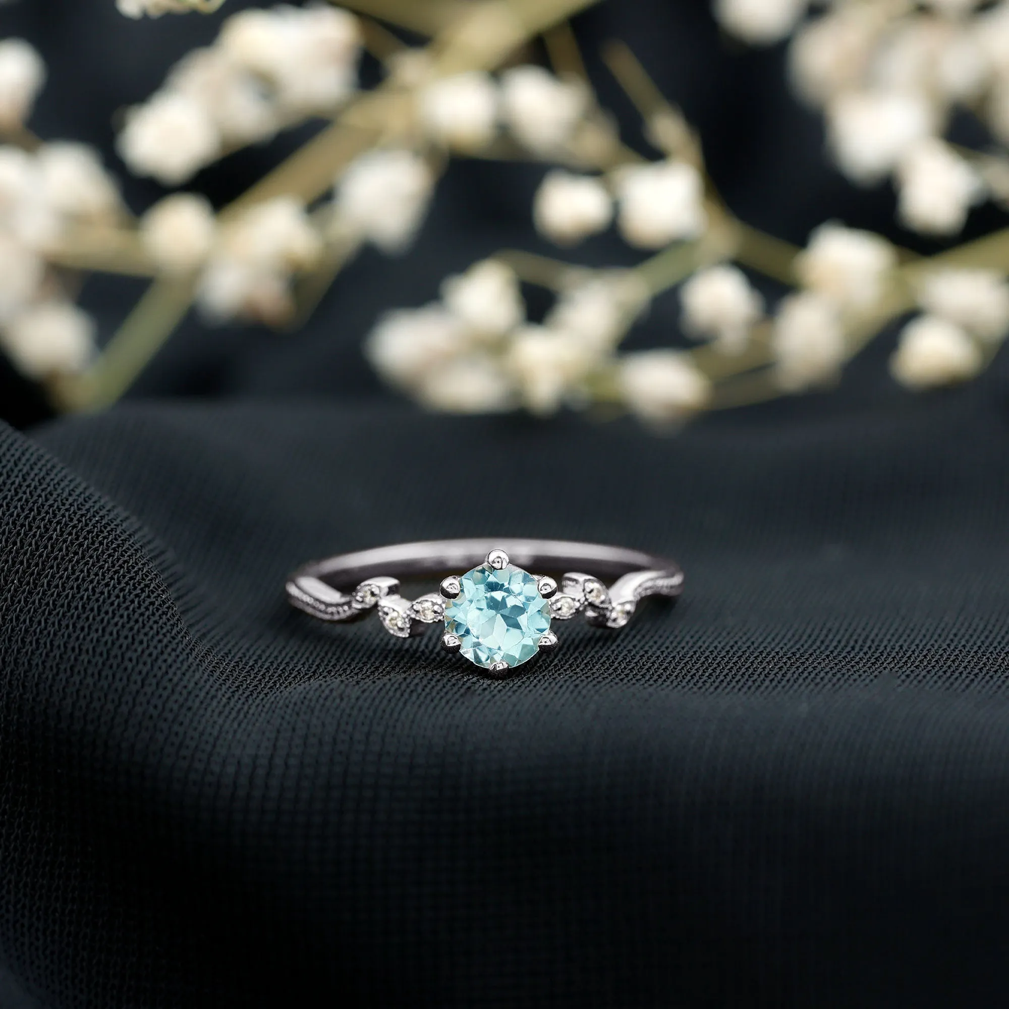 Sky Blue Topaz and Diamond Leaf Promise Ring with Milgrain