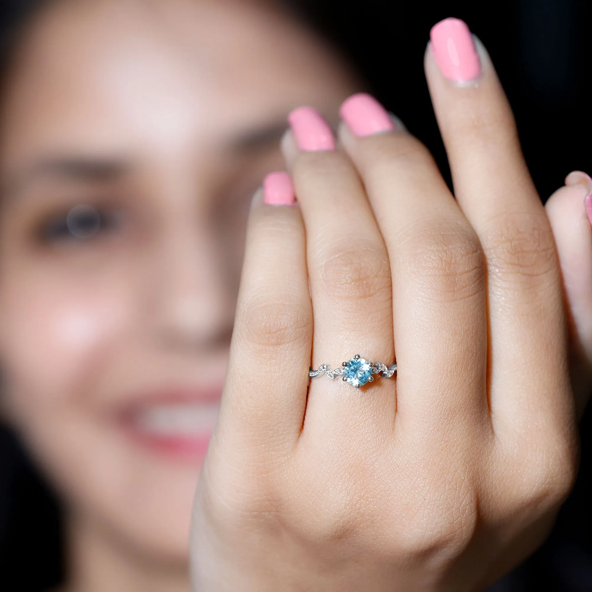 Sky Blue Topaz and Diamond Leaf Promise Ring with Milgrain