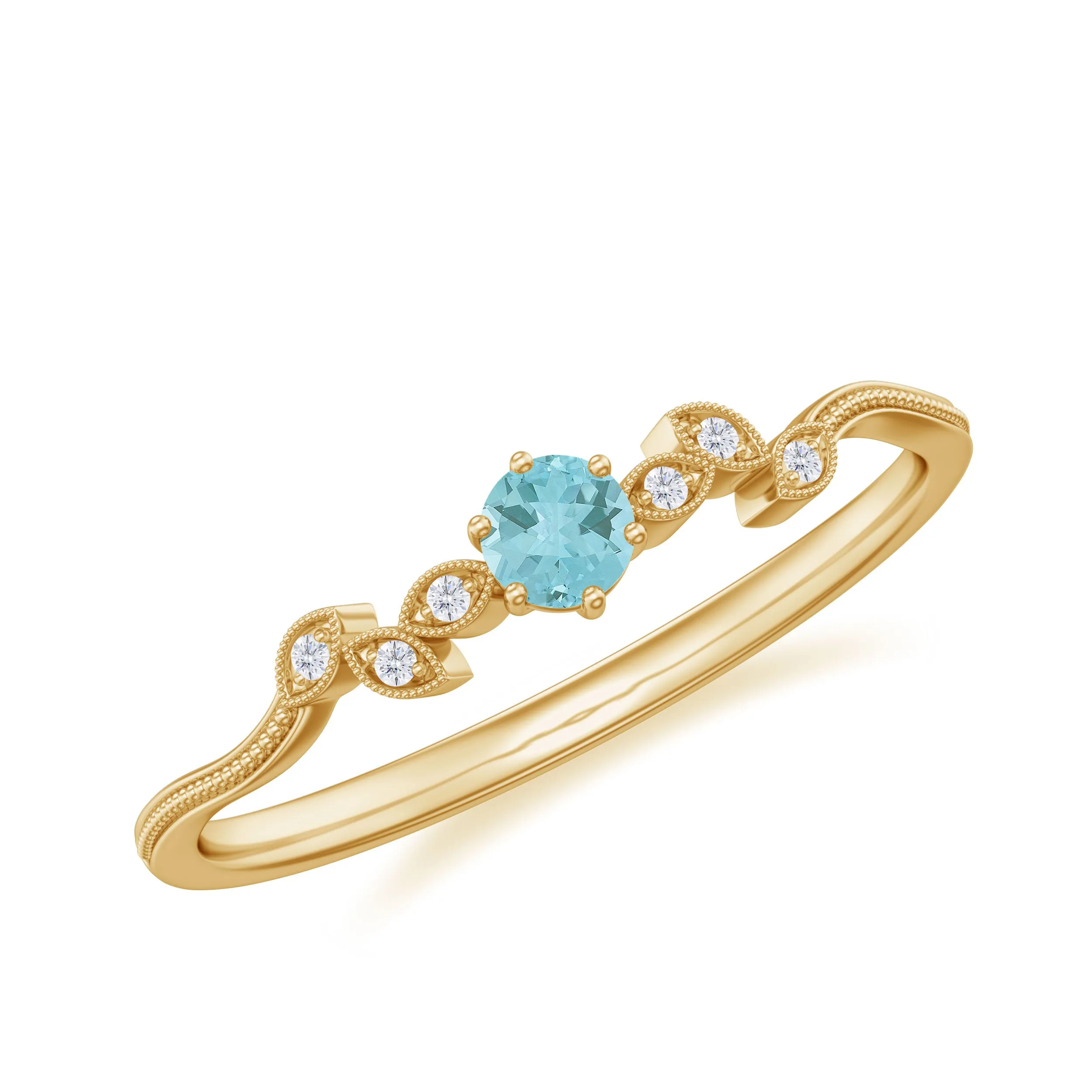 Sky Blue Topaz and Diamond Leaf Promise Ring with Milgrain