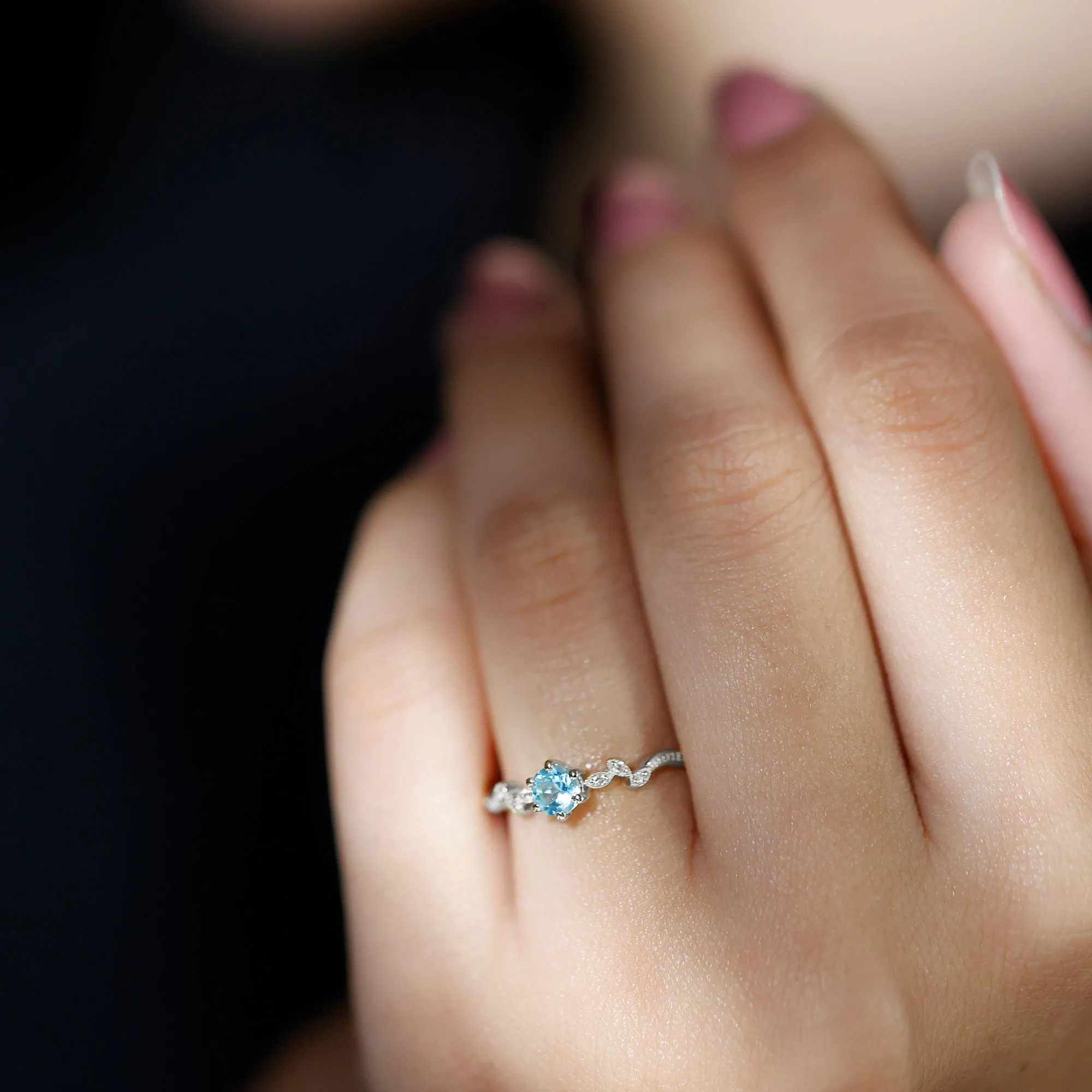 Sky Blue Topaz and Diamond Leaf Promise Ring with Milgrain