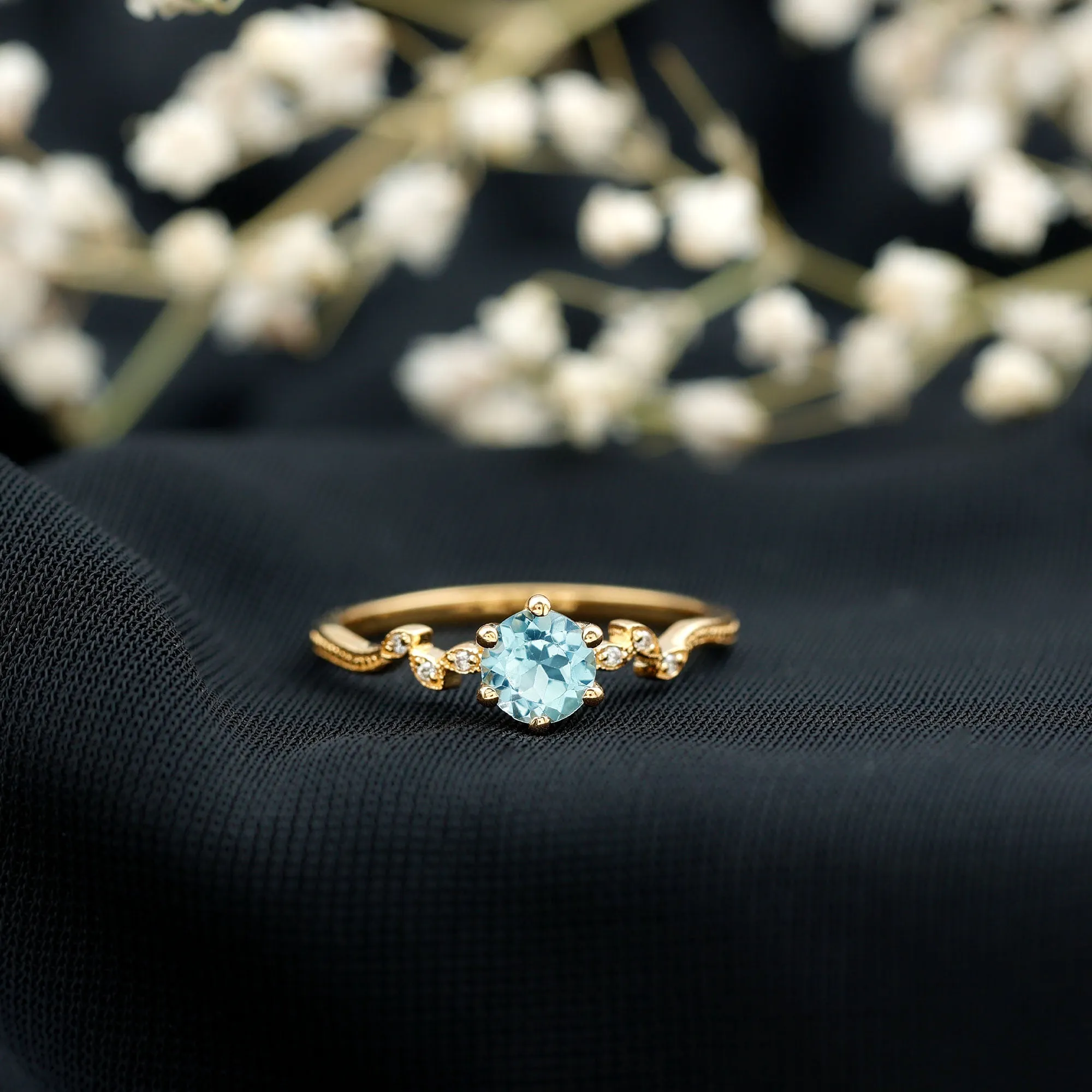 Sky Blue Topaz and Diamond Leaf Promise Ring with Milgrain