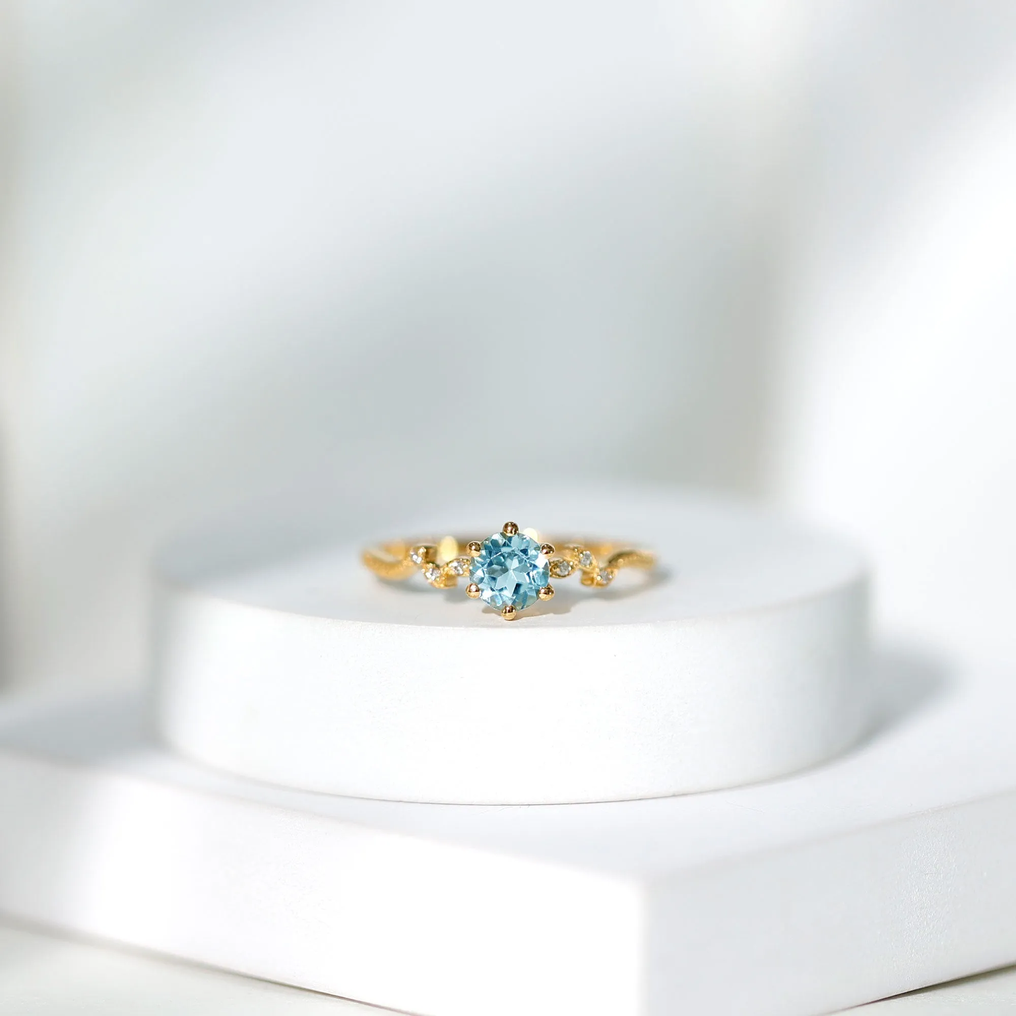 Sky Blue Topaz and Diamond Leaf Promise Ring with Milgrain