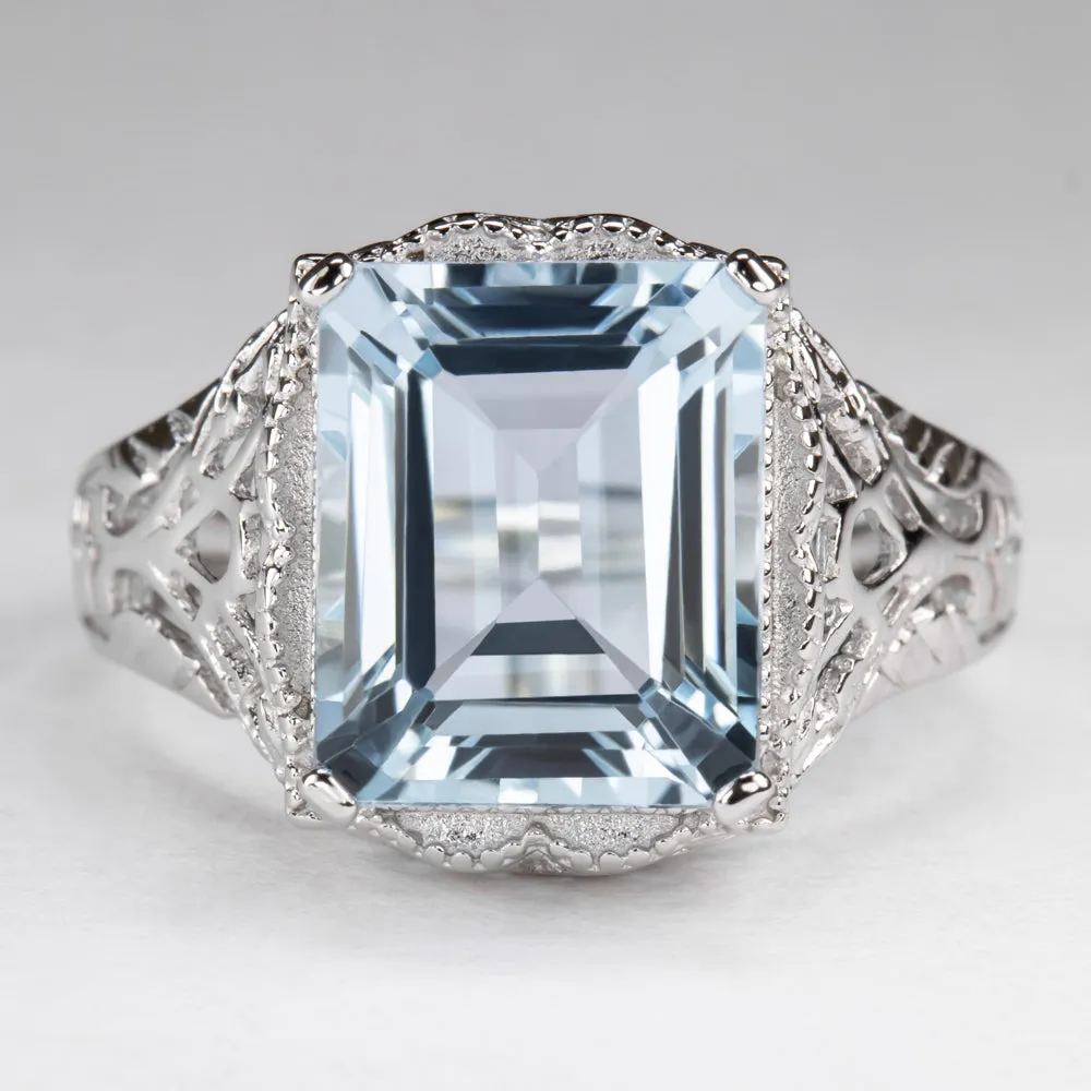 SKY BLUE TOPAZ STERLING SILVER VINTAGE STYLE RING ART DECO EMERALD CUT SOLITAIRE