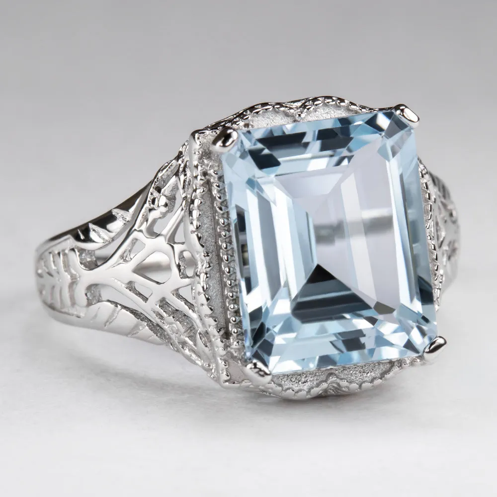 SKY BLUE TOPAZ STERLING SILVER VINTAGE STYLE RING ART DECO EMERALD CUT SOLITAIRE