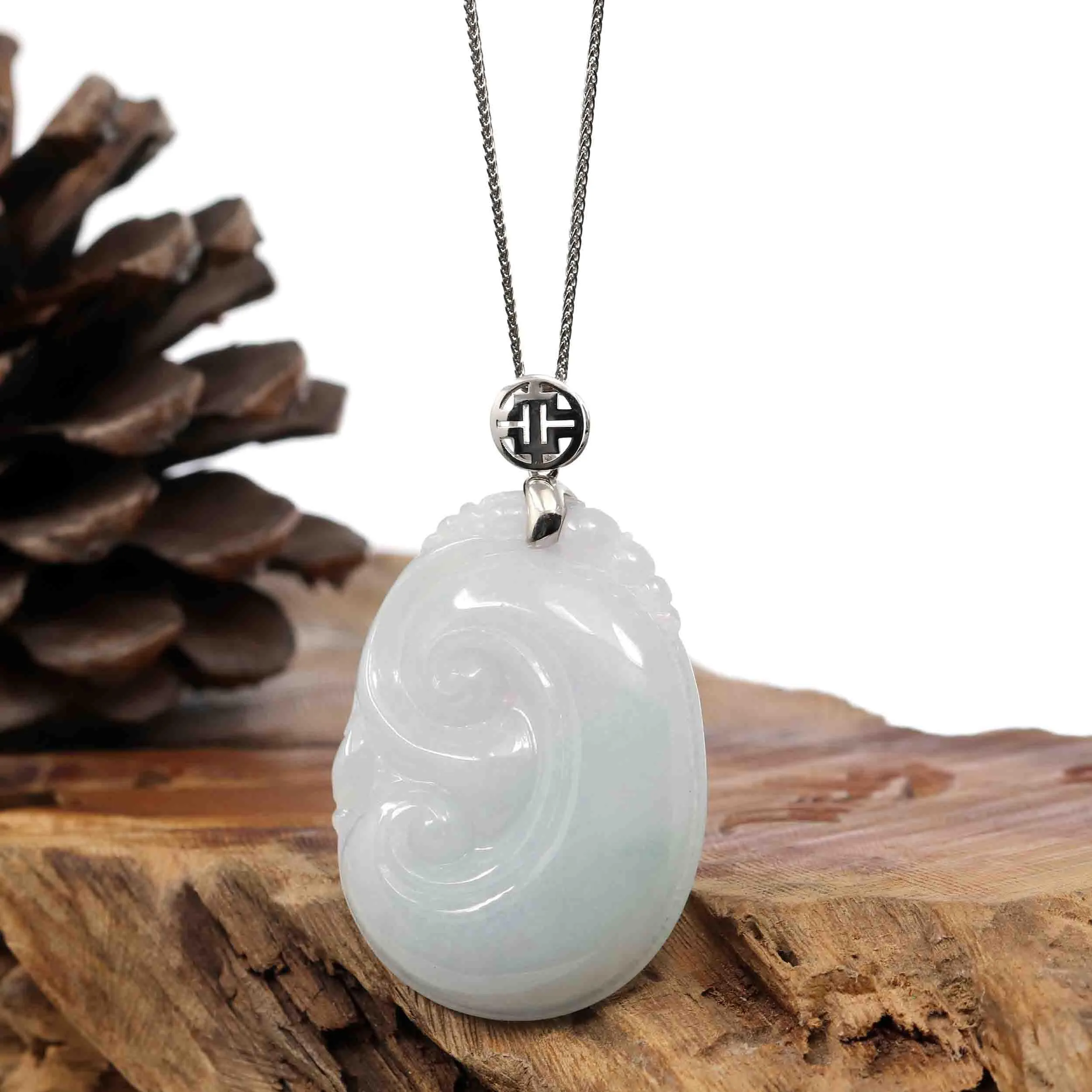 Sterling Silver Genuine White Jadeite Jade Ru Yi Pendant Necklace