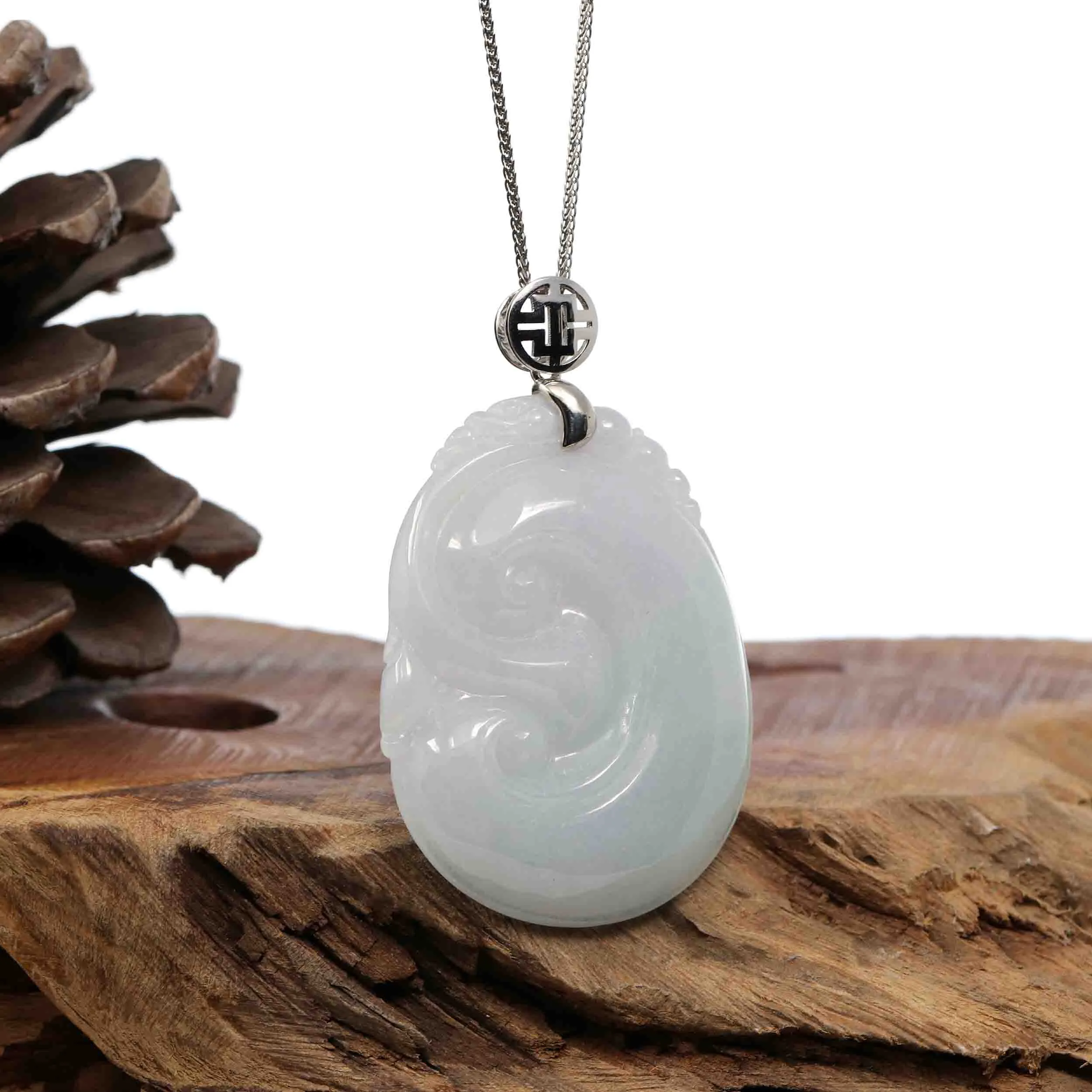 Sterling Silver Genuine White Jadeite Jade Ru Yi Pendant Necklace