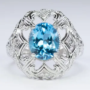 SWISS BLUE TOPAZ STERLING SILVER RING VINTAGE STYLE OVAL SHAPE GEMSTONE FILIGREE