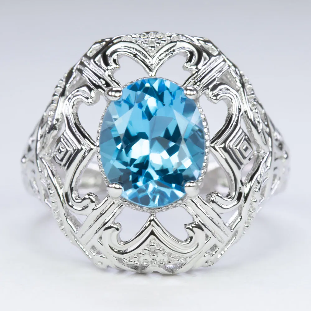 SWISS BLUE TOPAZ STERLING SILVER RING VINTAGE STYLE OVAL SHAPE GEMSTONE FILIGREE