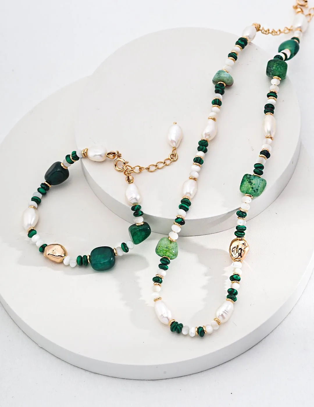 The Multielement Necklace Featuring Malachite Pearls and Green Onyx