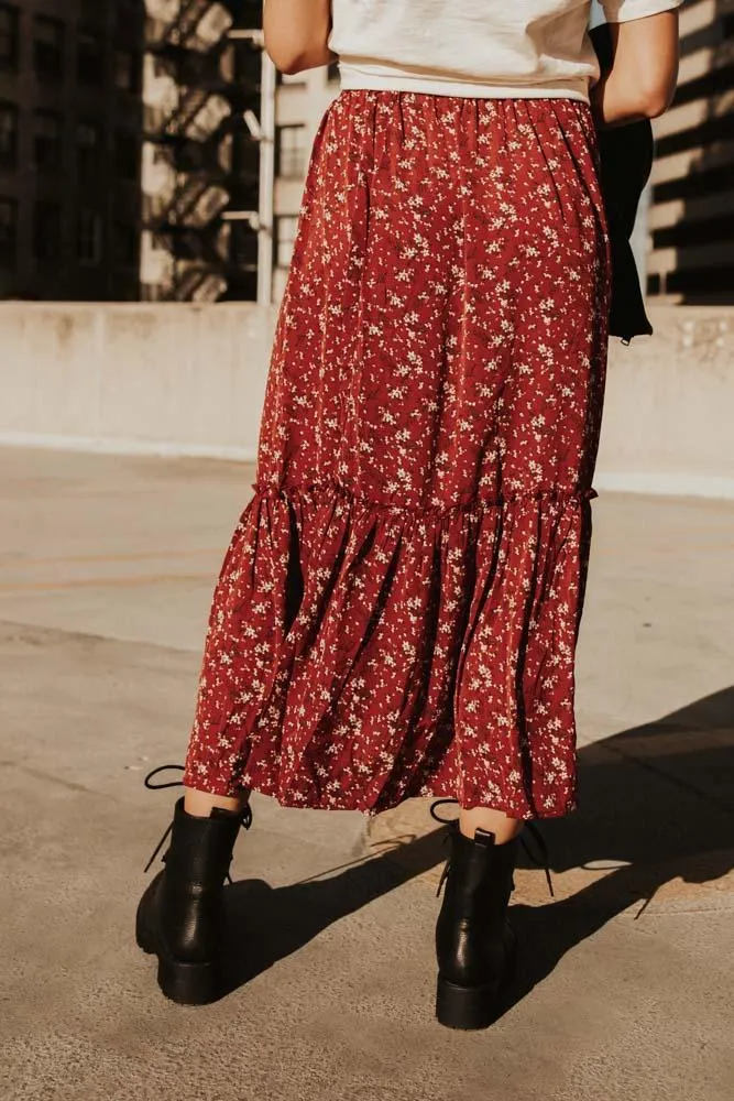 Tiara Floral Midi Skirt in Brick