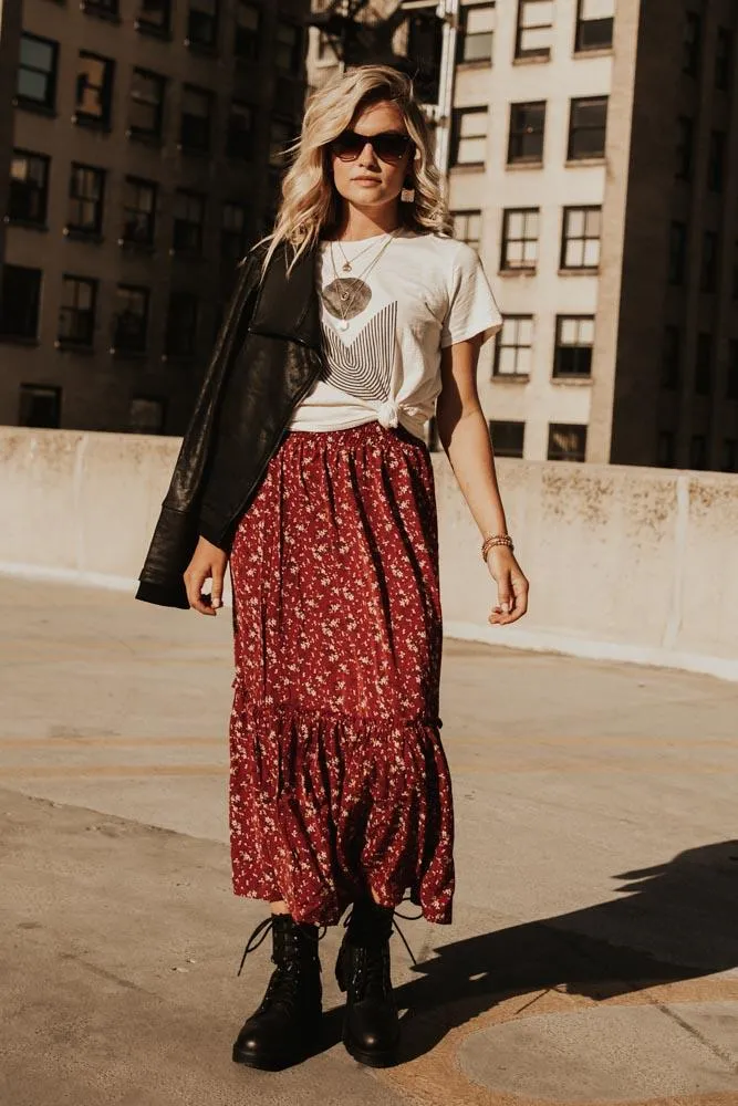 Tiara Floral Midi Skirt in Brick