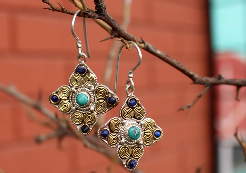 Tibetan Double Dorjee Silver Earrings Inlaid Turquoise and Lapis