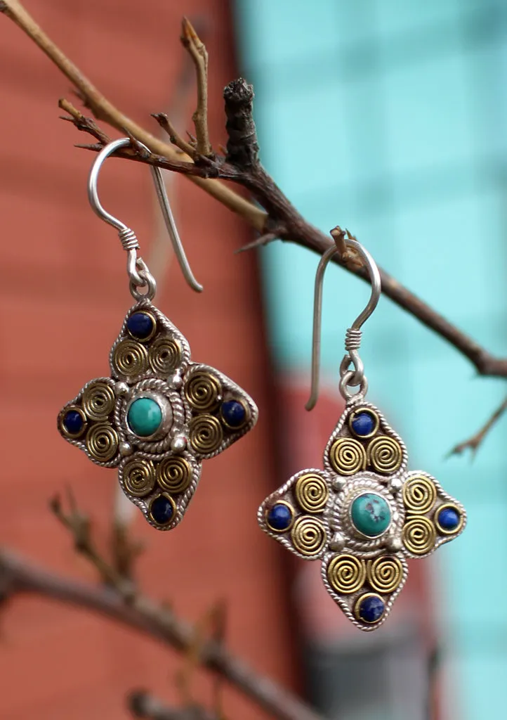 Tibetan Double Dorjee Silver Earrings Inlaid Turquoise and Lapis