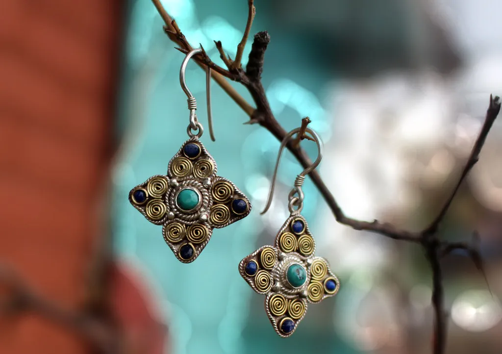 Tibetan Double Dorjee Silver Earrings Inlaid Turquoise and Lapis