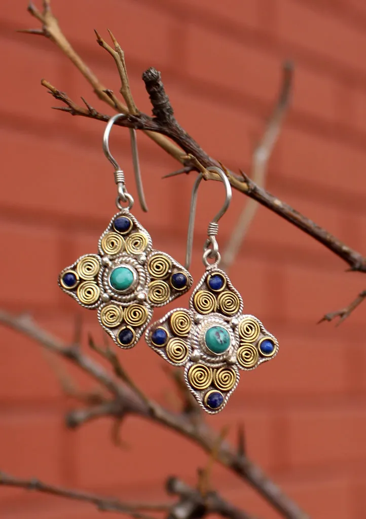 Tibetan Double Dorjee Silver Earrings Inlaid Turquoise and Lapis