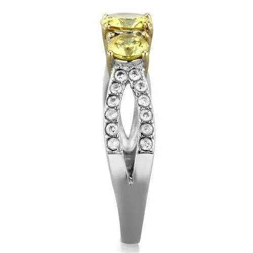 Two-Tone IP Gold (Ion Plating) Stainless Steel Ring with AAA Grade CZ in Topaz for Women Style TK1795