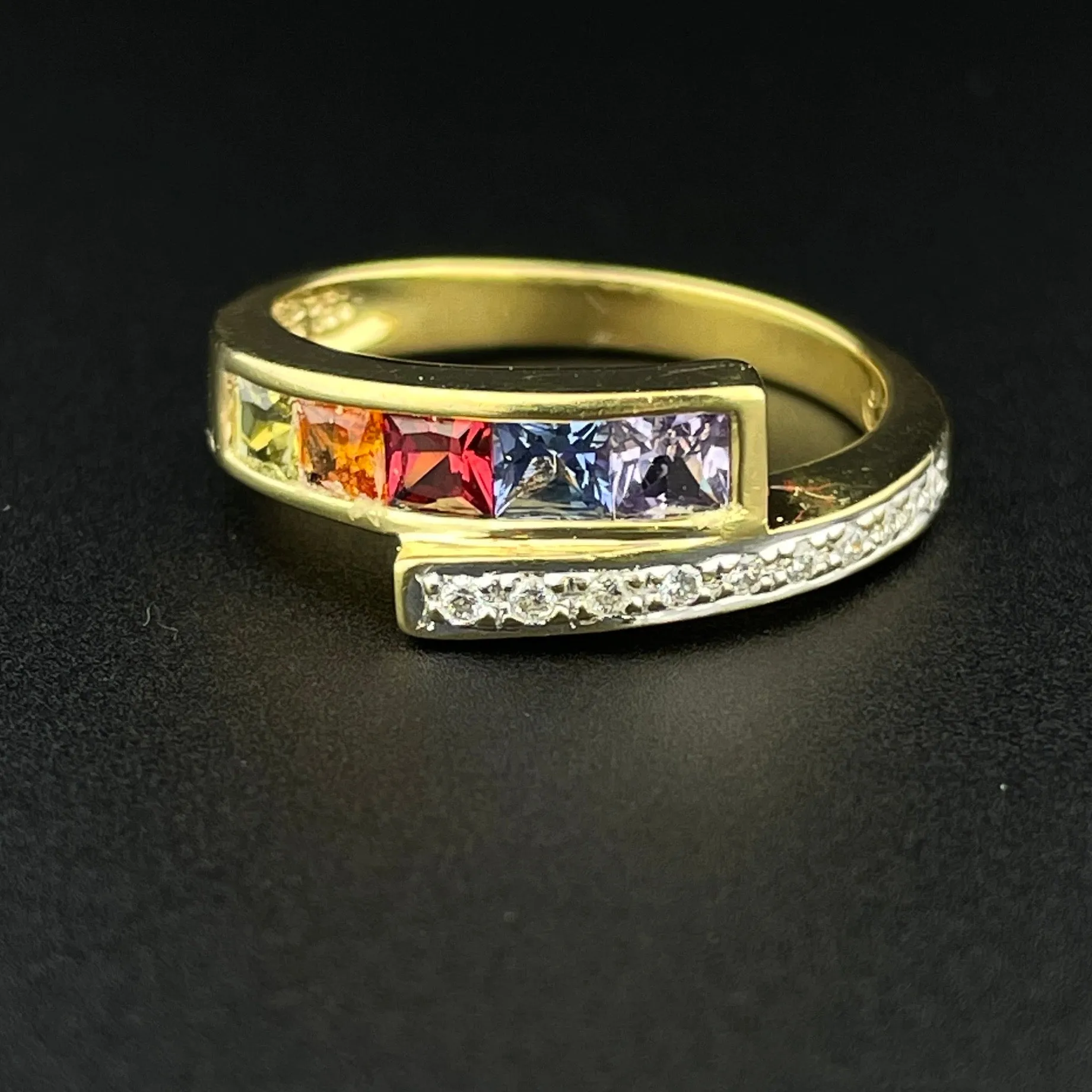 Vintage 18K Gold Multi Gemstone Harlequin Bypass Ring, Sz 6 3/4