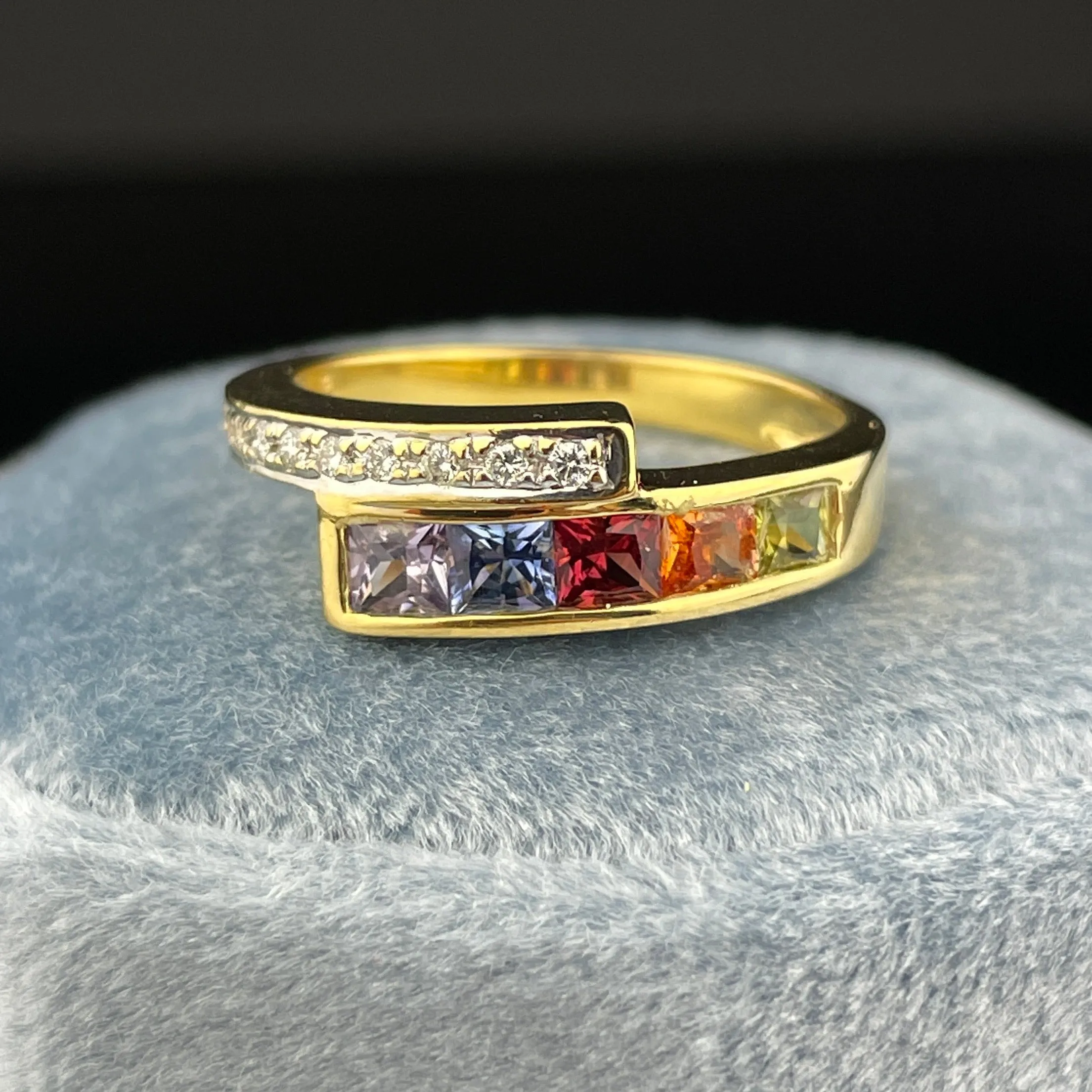 Vintage 18K Gold Multi Gemstone Harlequin Bypass Ring, Sz 6 3/4