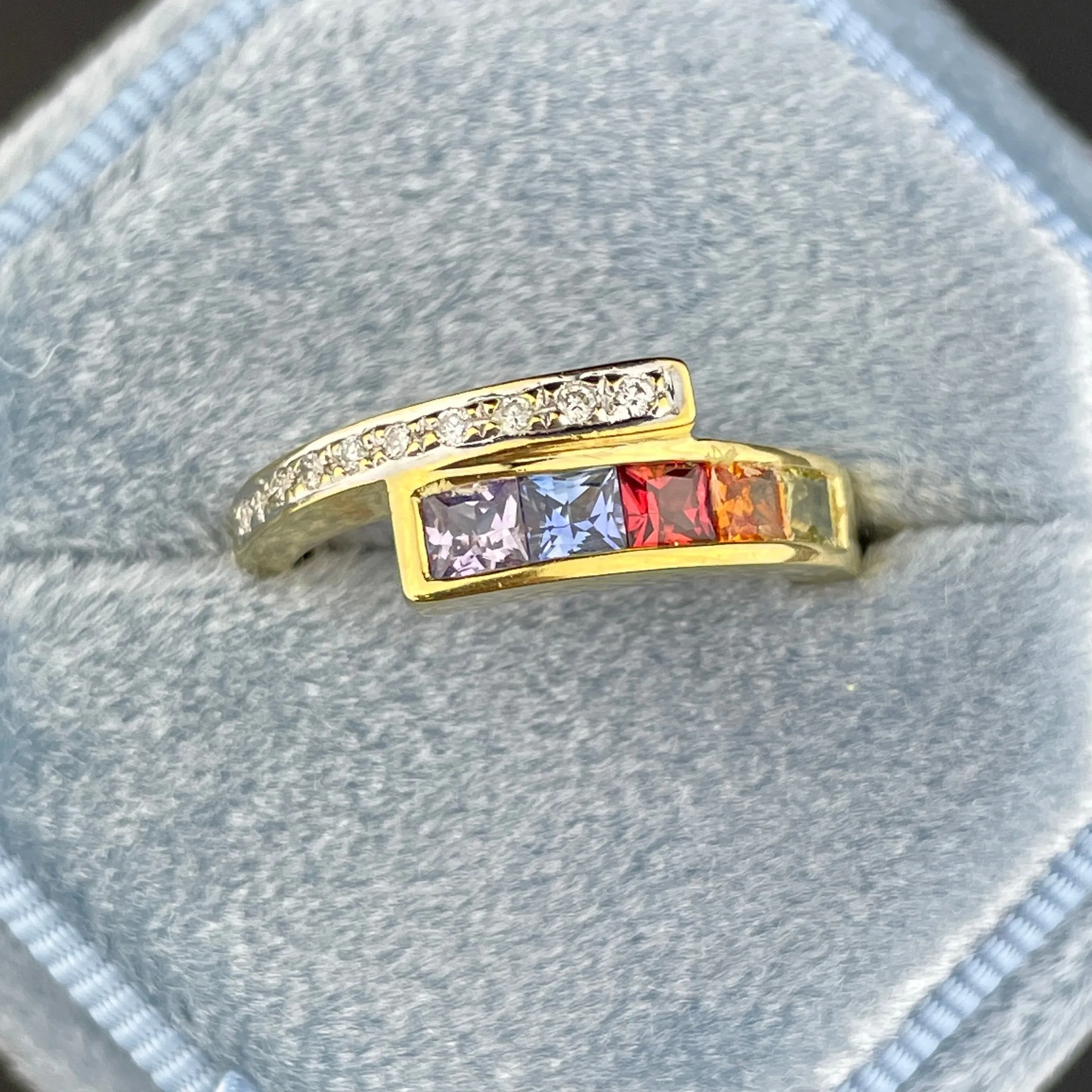 Vintage 18K Gold Multi Gemstone Harlequin Bypass Ring, Sz 6 3/4